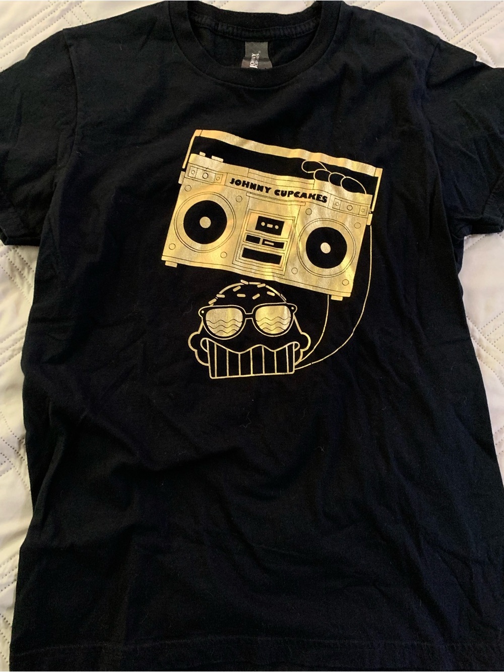 Johnny Cupcakes Black Tee with Metallic Gold Boombox Graphic